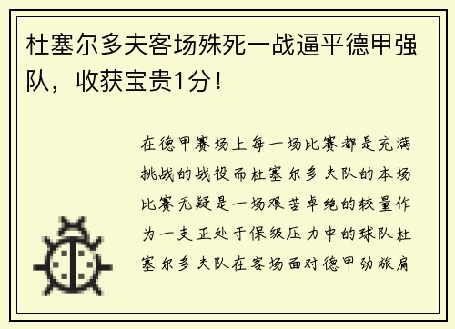 杜塞尔多夫客场殊死一战逼平德甲强队，收获宝贵1分！