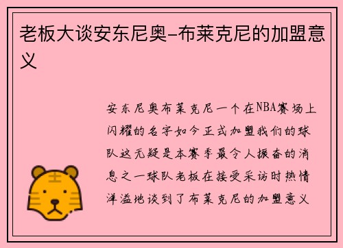 老板大谈安东尼奥-布莱克尼的加盟意义